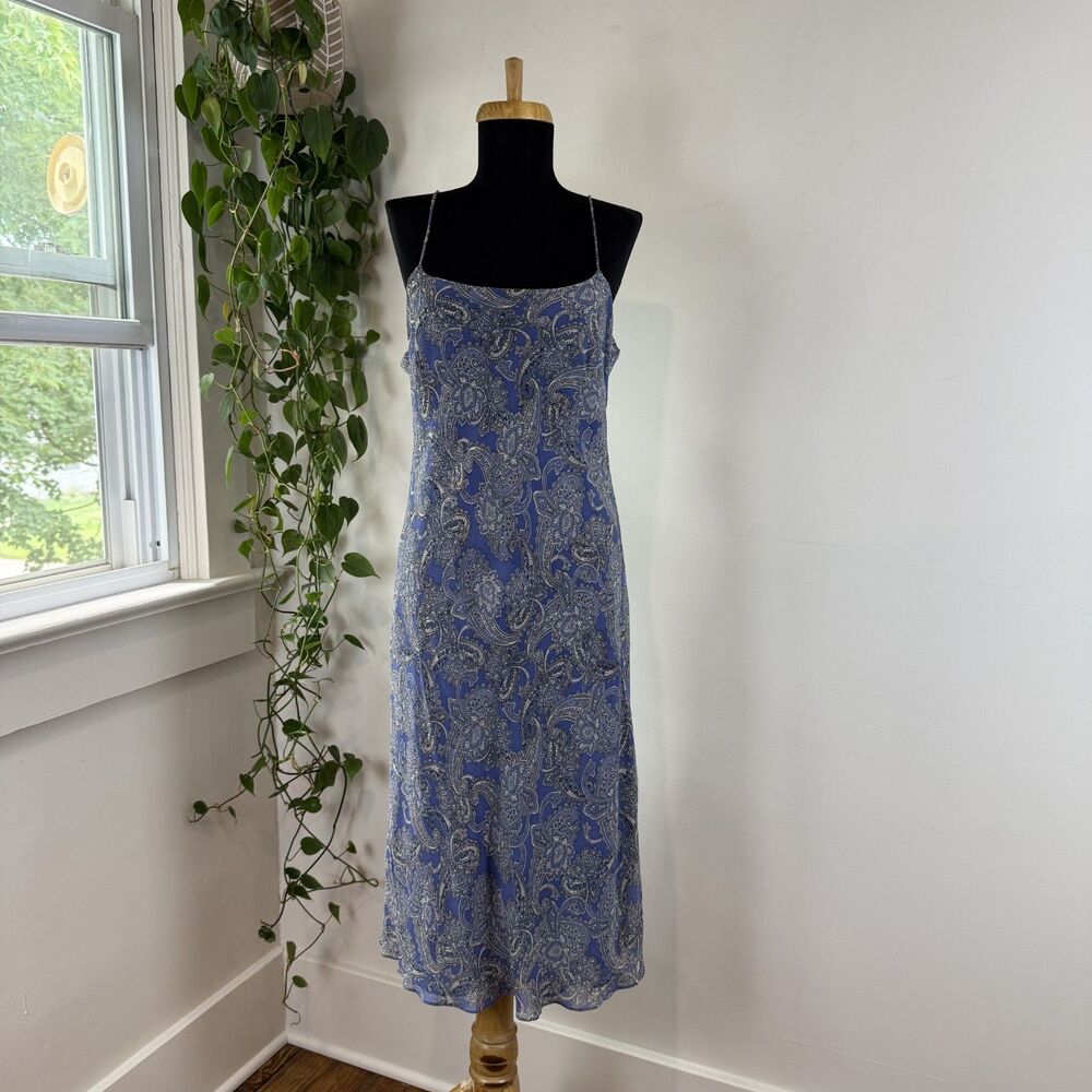 Vintage Y2K Ann Taylor 100% Silk Exterior Paisley Bias Cut Slip Midi Dress
